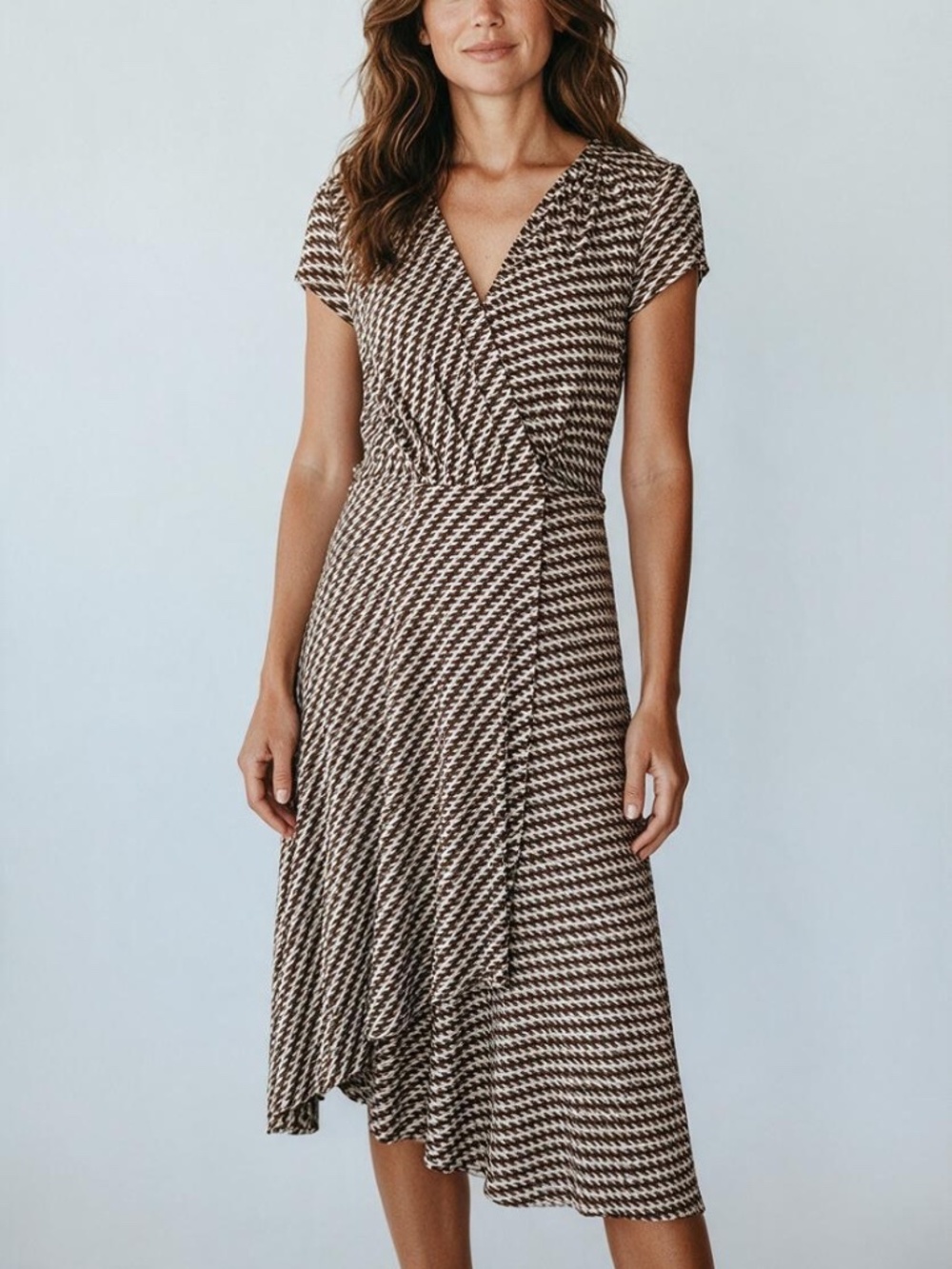 Tory Burch Midi Wrap Dress Brown White Houndstooth Geometric Print Size Medium